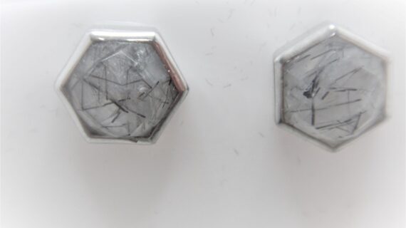 Rhodium plated 925 sterling silver octagonal studs set with natural Rutile quartz DIAM10 MM