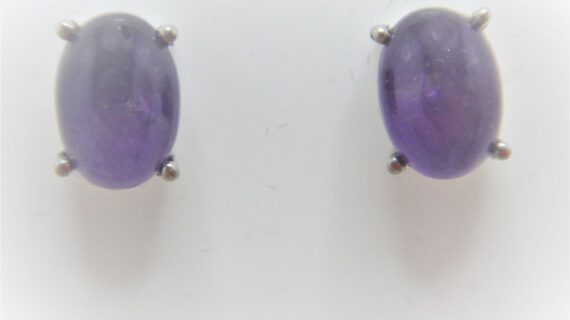 Rhodium plated 925 sterling silver oval studs set with natural Amethyst  9.8 X 7 MM