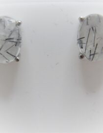 Rhodium plated 925 sterling silver oval studs set with natural Rutile quartz 9.8 X 7 MM