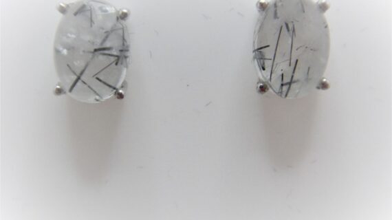 Rhodium plated 925 sterling silver oval studs set with natural Rutile quartz 9.8 X 7 MM