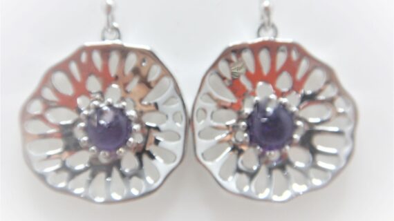 Rhodium plated 925 sterling silver earrings set with natural Amethyst  DIAM 21.1 MM