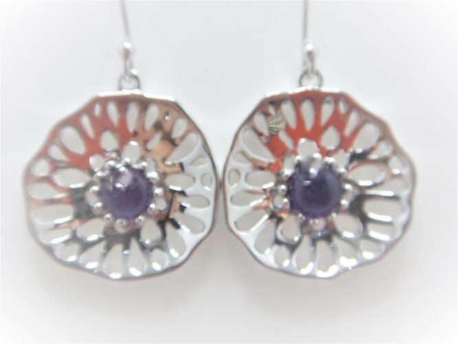 Rhodium plated 925 sterling silver earrings set with natural Amethyst  DIAM 21.1 MM