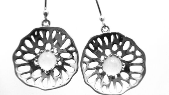 Rhodium plated 925 sterling silver earrings  set with natural  Rose Quartz  DIAM   21.10 MM