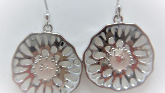 Rhodium plated 925 sterling silver earrings  set with natural  Rose Quartz  DIAM   21.10 MM