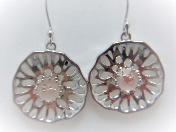 Rhodium plated 925 sterling silver earrings  set with natural  Rose Quartz  DIAM   21.10 MM