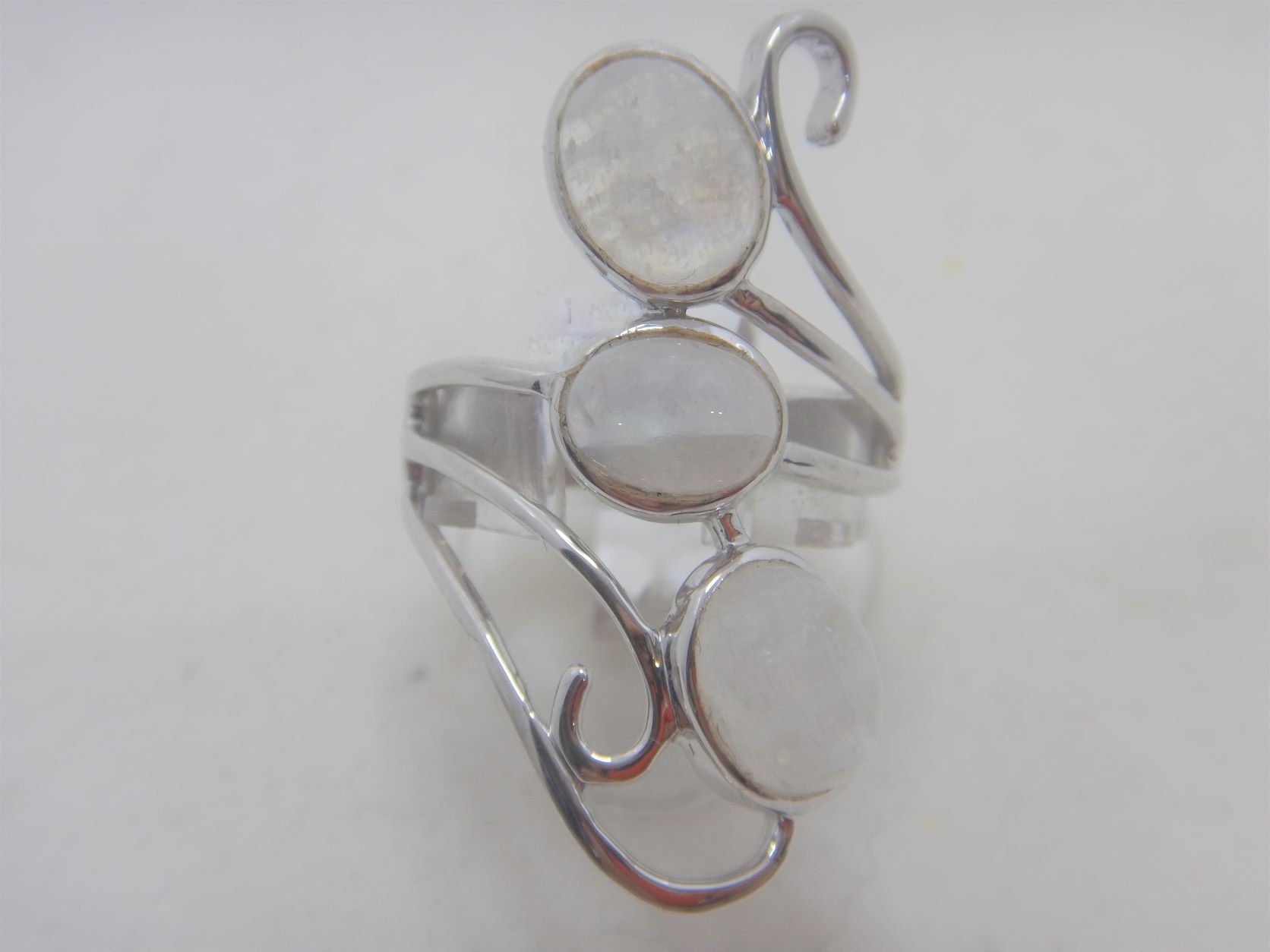 R hodium plated 925 sterling silver ring set with natural Rainbow moonstone 35MM LONG