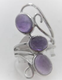 Rhodium plated 925 sterling silver ring set with 3 natural Amethysts Approx size  34.8mm long