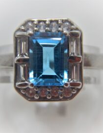 Rhodium plated 925 sterling silver ring set with natural Swiss blue topaz & Zircon  9.85 X 11.7MM