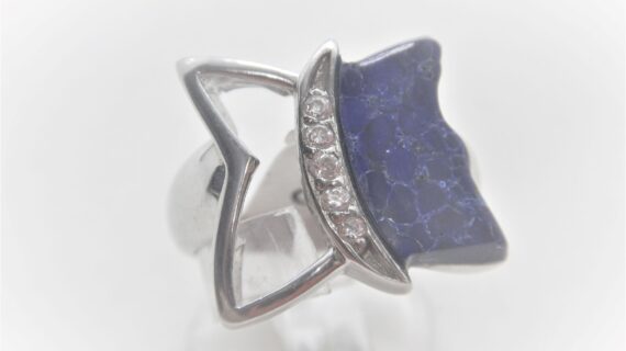 Rhodium plated 925 sterling silver ring set with synthetic Lapis lazuli & CZ Approx size  17.5mm x 17.5mm