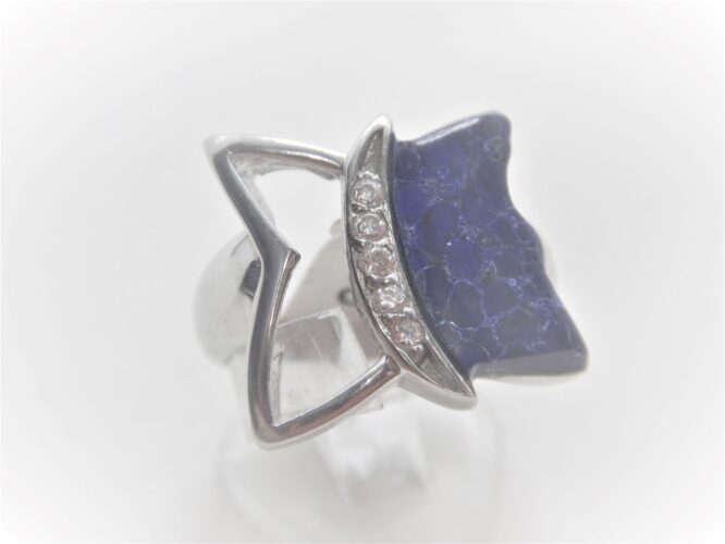 Rhodium plated 925 sterling silver ring set with synthetic Lapis lazuli & CZ Approx size  17.5mm x 17.5mm