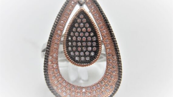 Rhodium plated 925 sterling silver ring plated with black Rhodium & rose gold set with crystals 35.5 X 21.3MM