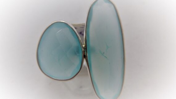 925 Sterling silver ring set with 2 amazing natural aqua Chalcedony