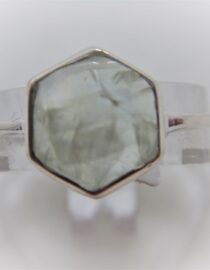 Rhodium plated 925 sterling silver ring set with Prehnite DIAM 9.3MM