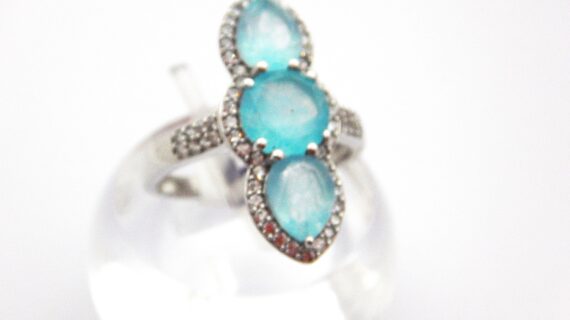 Rhodium plated 925 sterling silver ring set with natural Chalcedony & enhanced with CZ 26.3 X 11.4MM