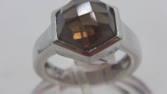 Rhodium plated 925 sterling silver ring set with natural Smoky quartz 12 X 12.60MM