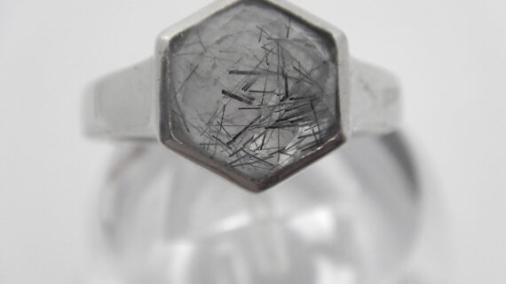 Rhodium plated 925 sterling silver ring set with natural Rutile quartz 12 X 12.6MM