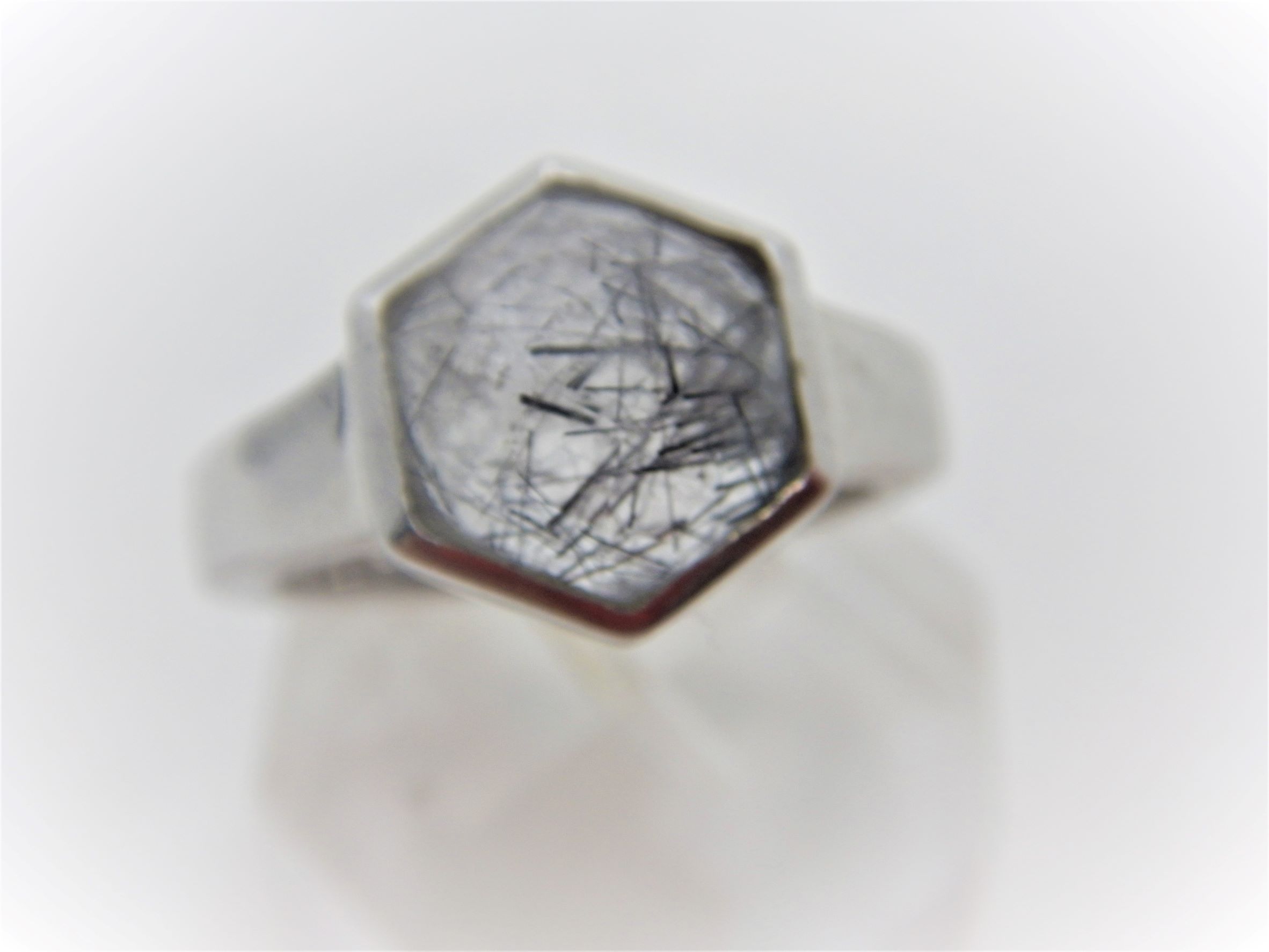 Rhodium plated 925 sterling silver ring set with natural Rutile quartz 12 X 12.6MM