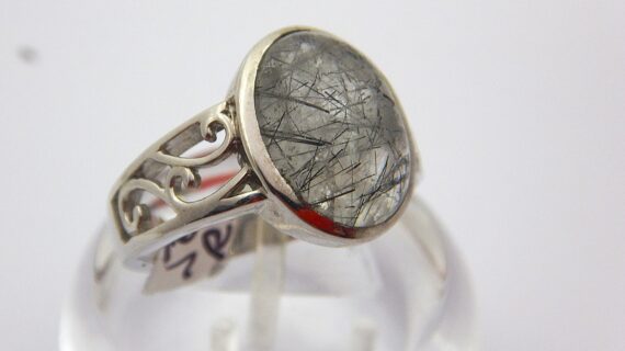 Rhodium plated sterling silver ring set with natural Rutile quartz 15.5 X 12.6MM