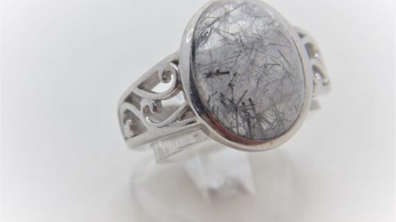 Rhodium plated sterling silver ring set with natural Rutile quartz 15.5 X 12.6MM