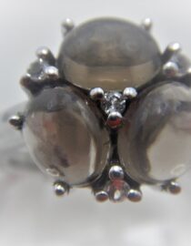 Rhodium plated 925 sterling silver ring set with natural Smoky Quartz & white Zircon DIAM 13.6MM
