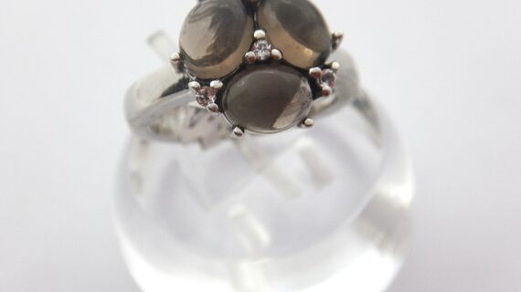 Rhodium plated 925 sterling silver ring set with natural Smoky Quartz & white Zircon DIAM 13.6MM