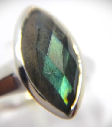 Rhodium plated 925 sterling silver ring set with natural Labradorite Approx size  16.5mm x 9.5mm