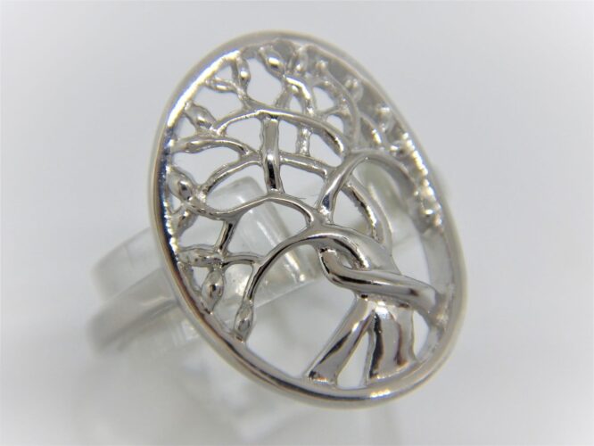 RHODIUM PLATED 925 STERLING SILVER RING WITH TREE OF LIFE