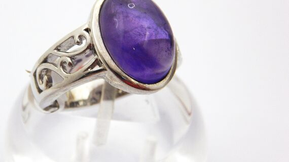 Rhodium plated 925 sterling silver ring set with natural Amethyst Approx size 15.5mm x 12.7mm