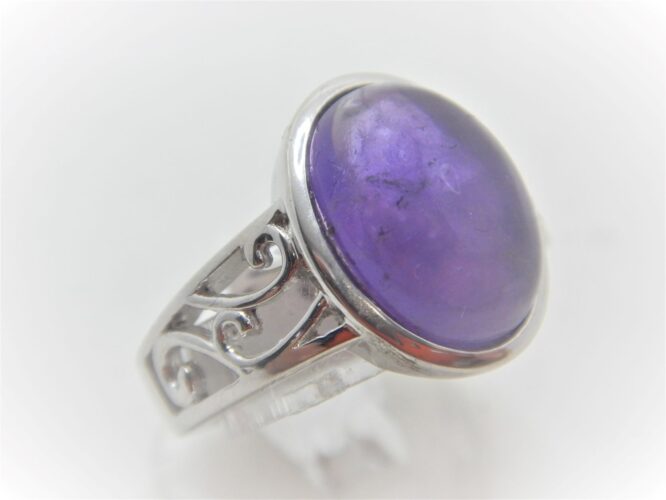 Rhodium plated 925 sterling silver ring set with natural Amethyst Approx size 15.5mm x 12.7mm