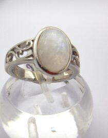 Rhodium plated 925 sterling silver ring set with natural Rainbow moonstone Approx size  15.5mm x 12.7mm
