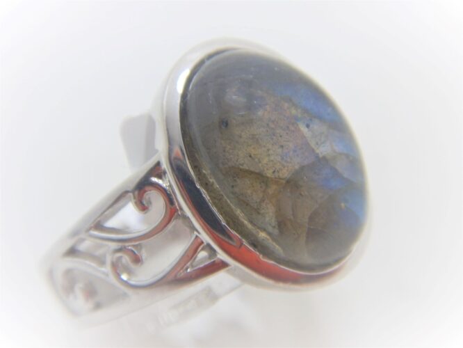 Rhodium plated 925 sterling silver ring set with natural Labradorite Approx size  15.5mm x 12.7mm