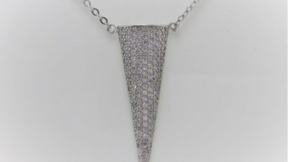 Rhodium plated 925 sterling silver necklace set with white cubic zirconia Approx size  45cm long  Pendant size  33mmj x 14mm