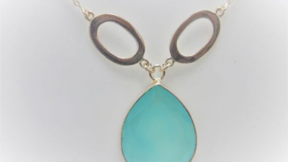925 Sterling silver necklace with natural aqua chalcedony Approx size  31mm x 21mm x 50cm long Matching earrings available