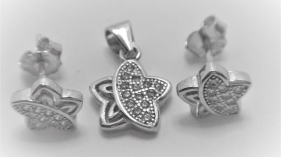 Rhodium plated 925 sterling silver pendant & earring set with cubic zirconia Approx size pendant  9.3mm diam Approx size earrings  8mm diam