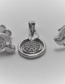 Rhodium plated 925 sterling silver pendant & earrings  set with white cubic zirconia Approx size  pendant  11mm diam Approx size  earrings  9mm diam