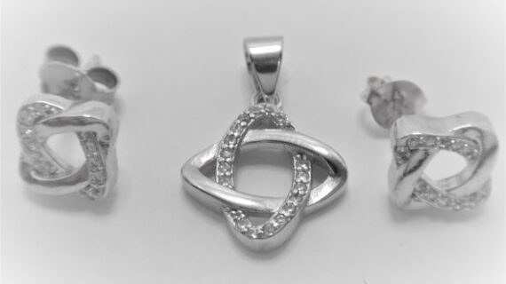 Rhodium plated 925 sterling silver pendant & earrings set with white cubic zirconia Approx size pendant  13mm diam Approx size earrings  9mm diam
