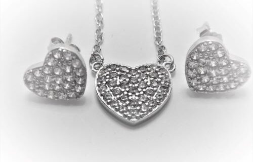 Rhodium plated 925 sterling silver heart shaped  necklace & earrings set with white cubic zirconia Approx size necklace 12mm x 14mm x 40cm long Approx size earrings  9mm x 11mm